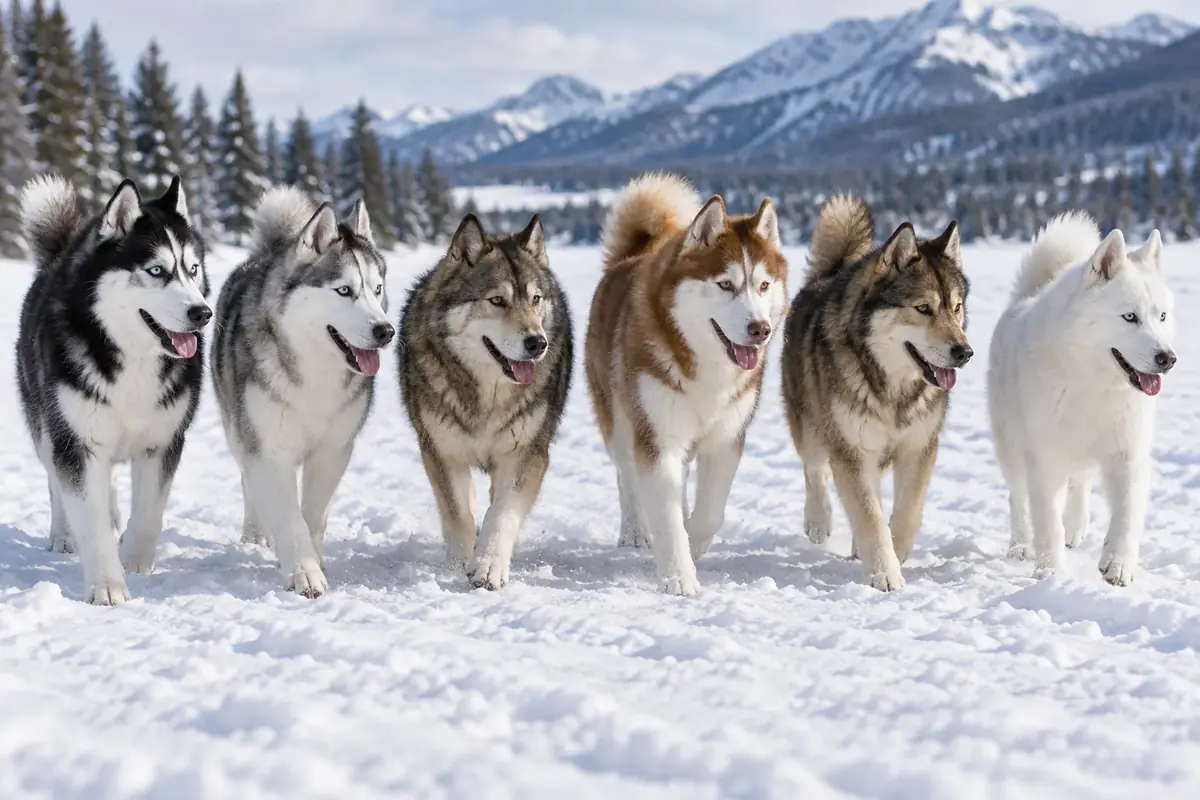 Four Huskies of different colors sitting in a row
